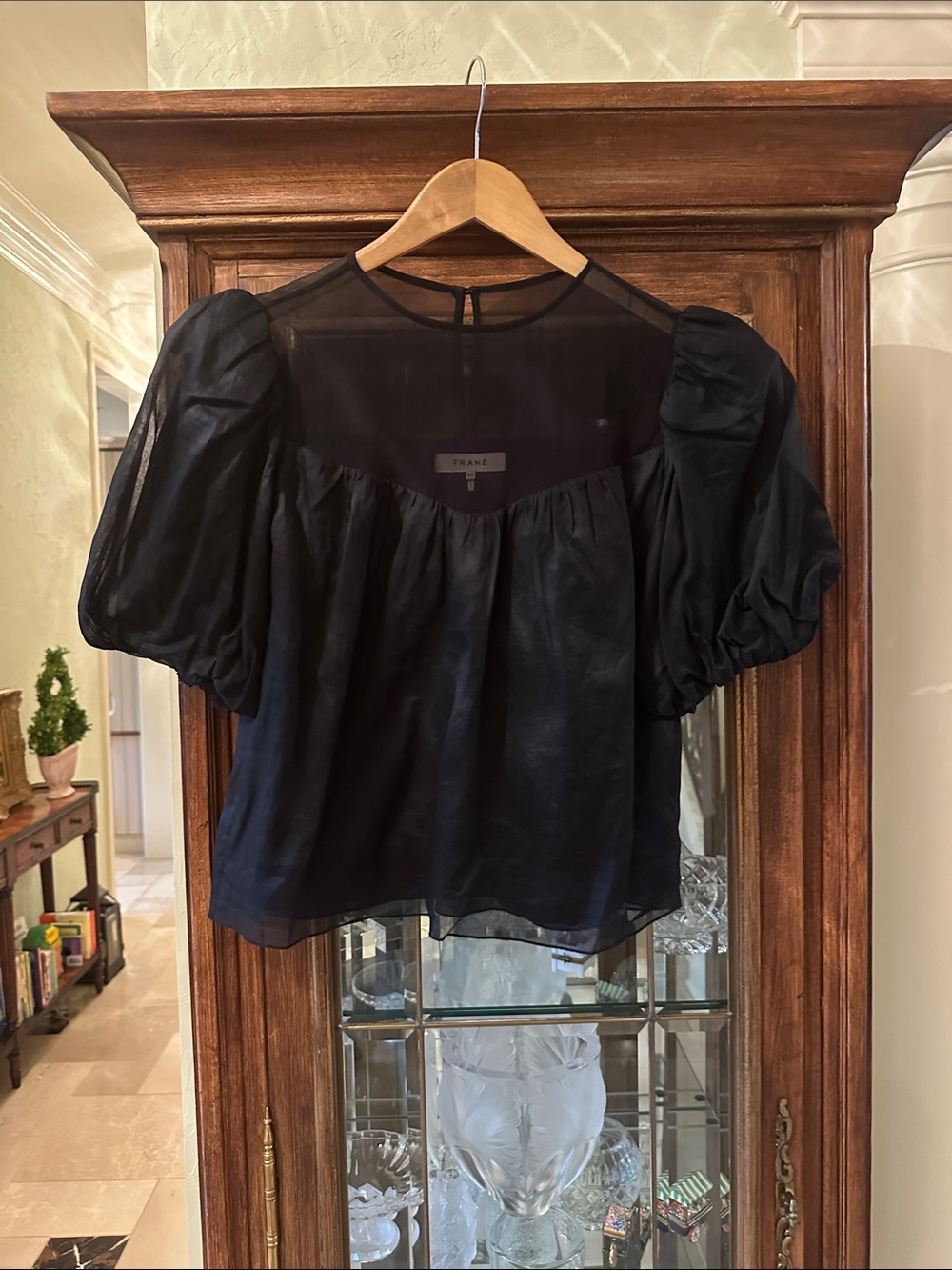 Frame Denim Sheer Black Puff-Sleeve Blouse